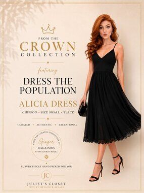 Dress the Population Alicia Dress | Black Chiffon Lace Midi | Size Small